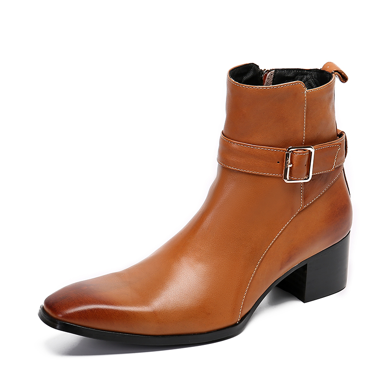 Men Formal Wear With Boots - 겨울 브라운 버클 남성용 지퍼 앵클