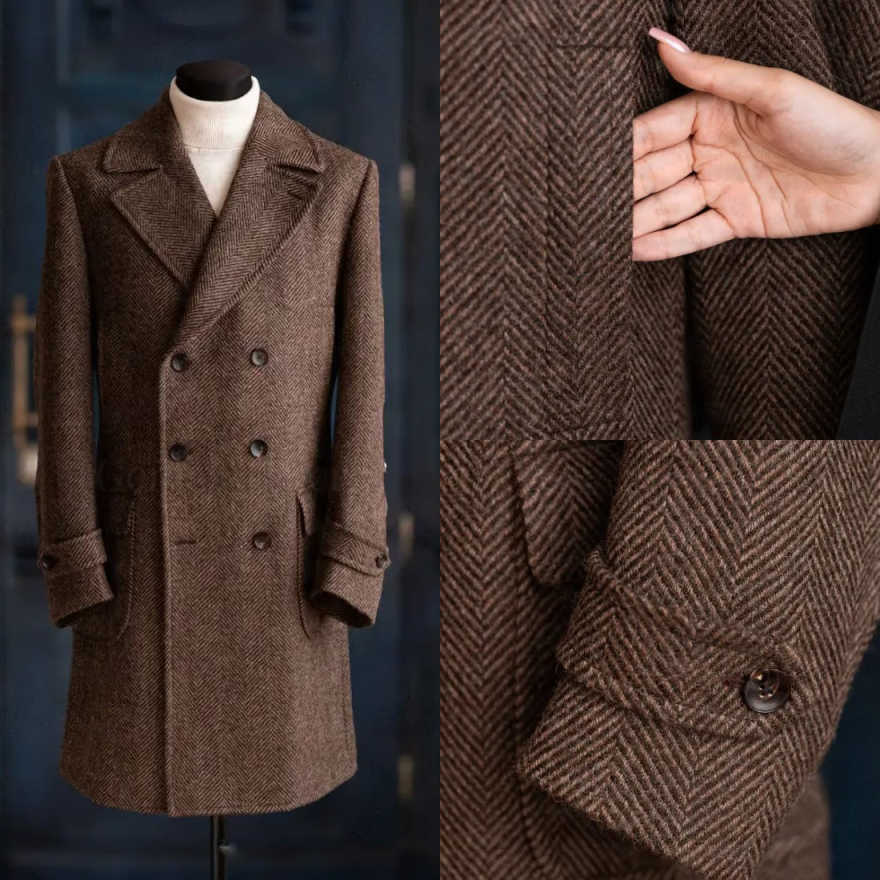 Men Formal Wear Modern - 현대적인 스타일의 남성용 헤링본 패턴 오버코트,