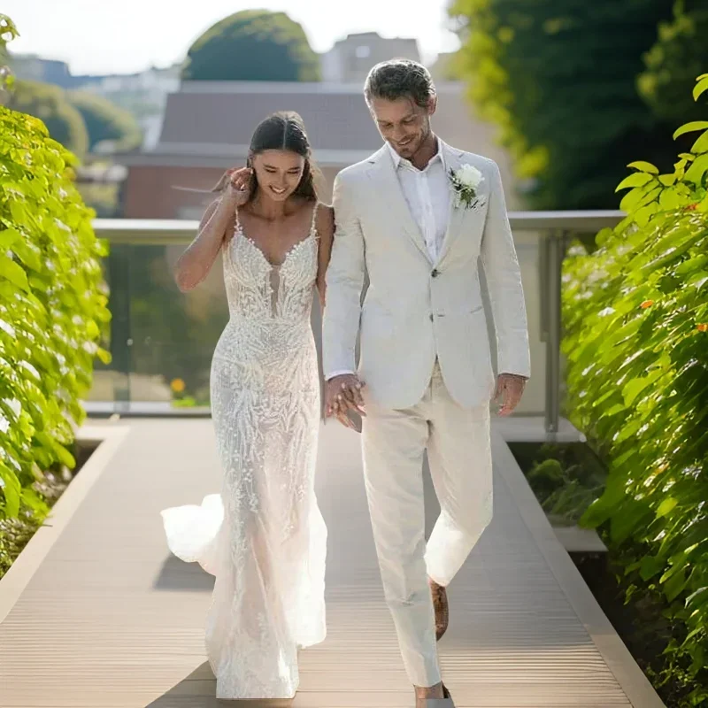 Men Formal Wear Modern - 남성용 리넨 웨딩 턱시도, 여름 해변