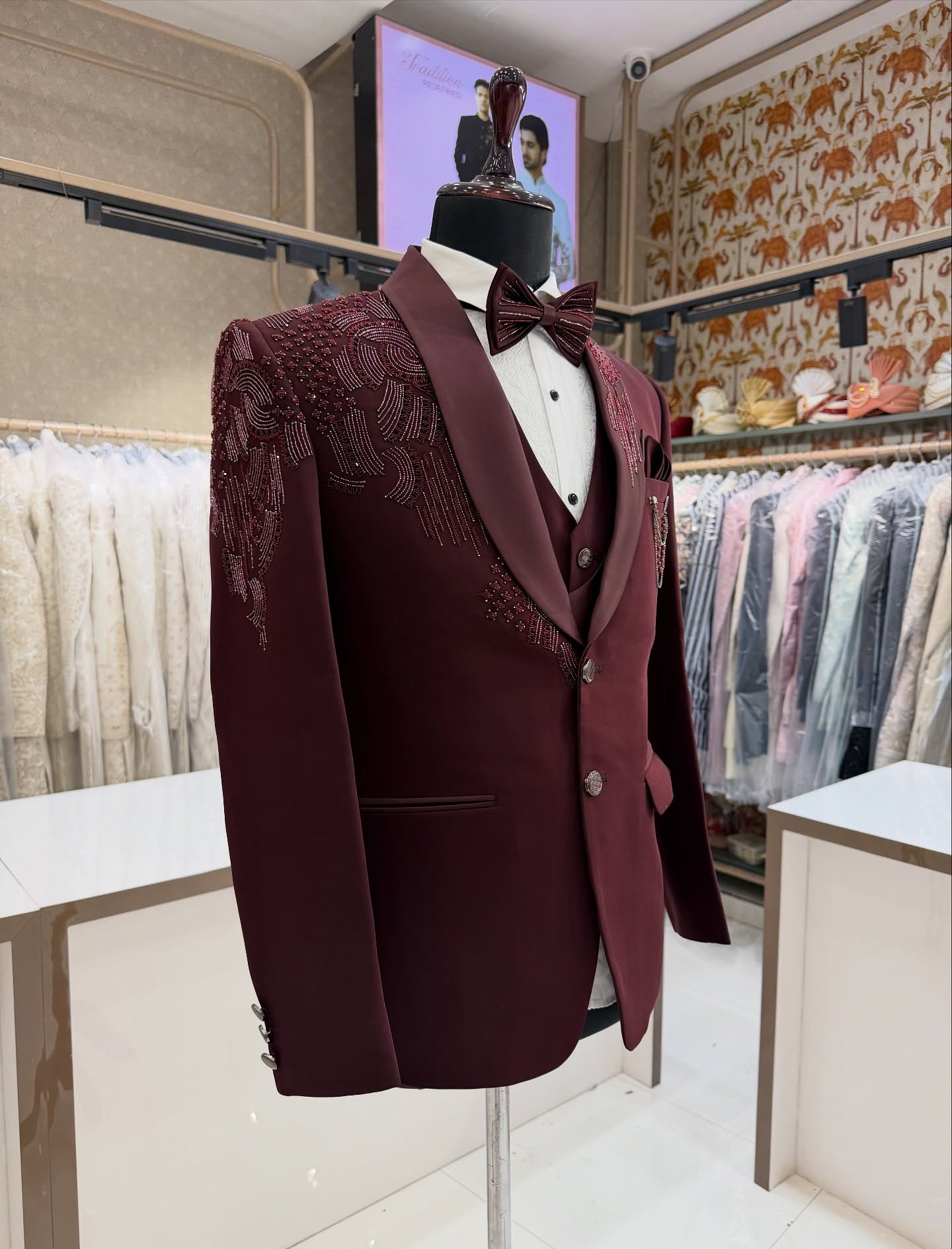 3피스 신랑 예복 턱시도 비딩 크리스탈 정장 남성 레드 - Men Formal Wear Modern 리뷰 및 가격