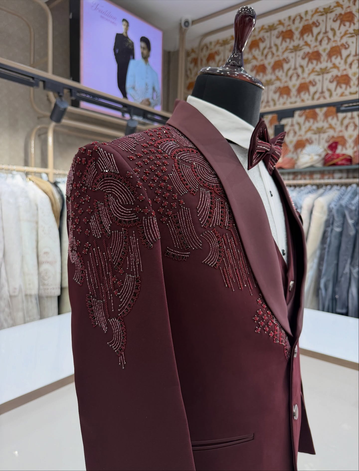 3피스 신랑 예복 턱시도 비딩 크리스탈 정장 남성 레드 - Men Formal Wear Modern 리뷰 및 가격