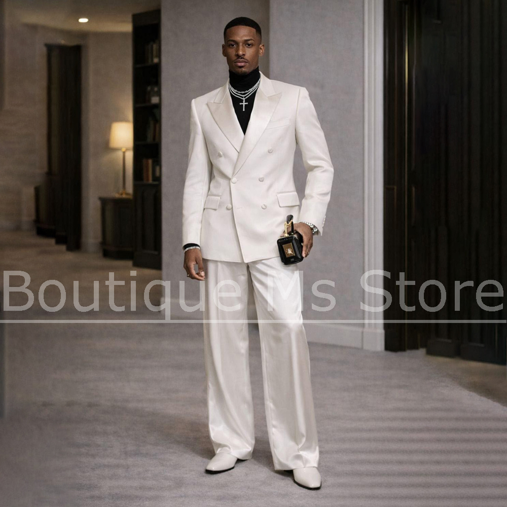 남성용 화이트 새틴 수트 2피스 더블 브레스티드 피크  - Men Formal Wear Modern 리뷰 및 가격