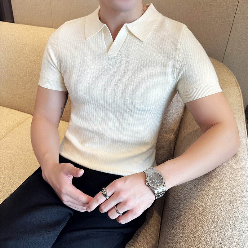 남성용 슬림핏 폴로 칼라 자카드 니트 스웨터 - 베이지 - Men Formal Wear Modern 리뷰 및 가격