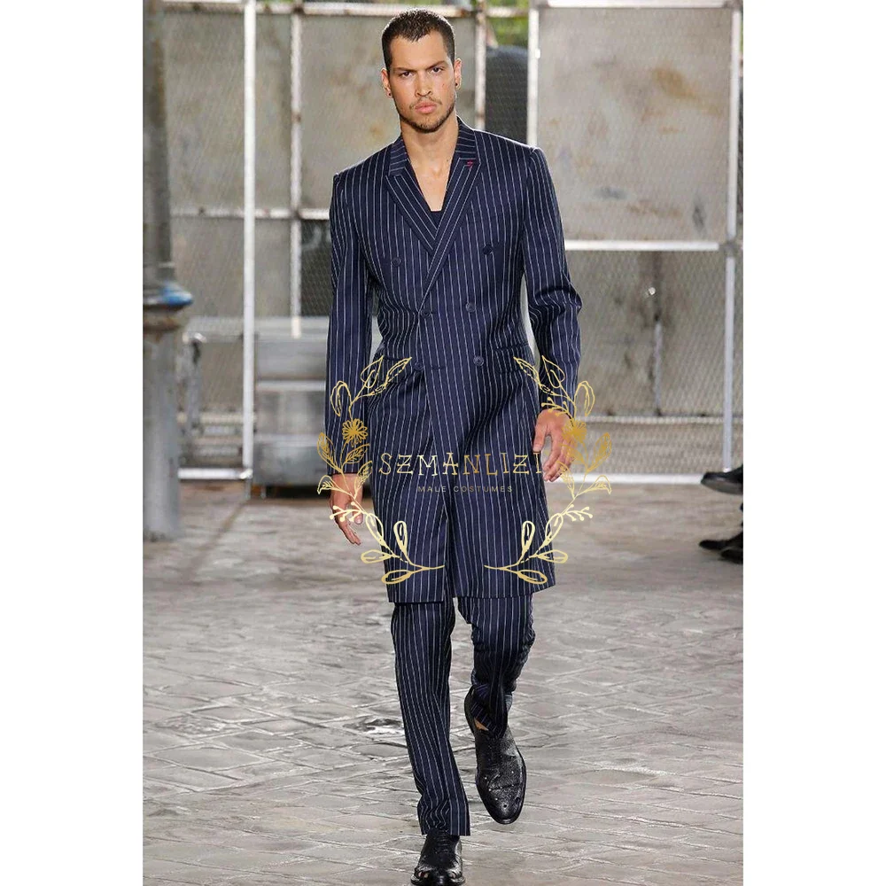 남성 정장 투피스 네이비 블루 스트라이프 롱 블레이저  - Men Formal Wear Modern 리뷰 및 가격