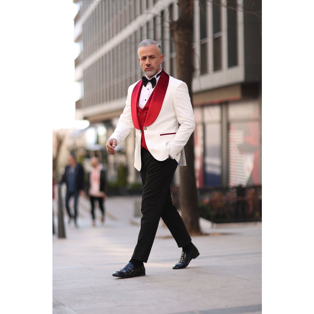 레드 화이트 남성 웨딩 턱시도 벨벳 숄 라펠 남성 턱시 - Men Formal Wear Modern 리뷰 및 가격