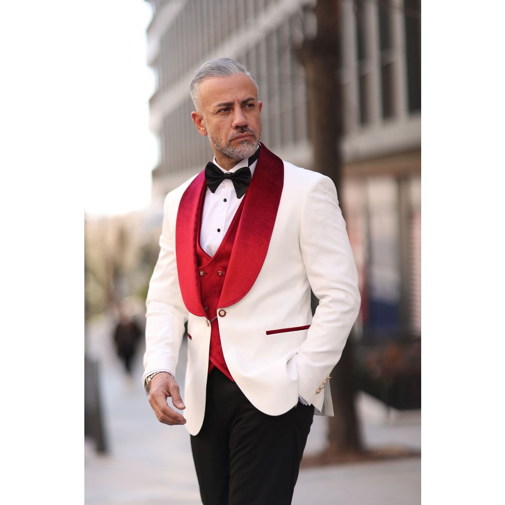 레드 화이트 남성 웨딩 턱시도 벨벳 숄 라펠 남성 턱시 - Men Formal Wear Modern 리뷰 및 가격
